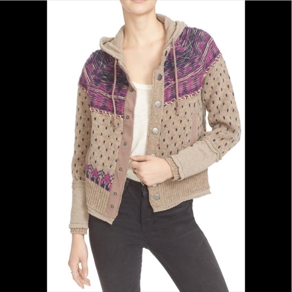 Free People Sweaters - Free People On My Way Fair Isle Sweater Wool Cotton Blend Hooded Snap Front Sz S